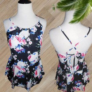 BLACK FLORAL PRINT TWO PIECE SWIMSUIT